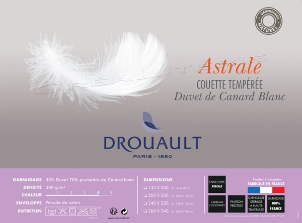 Couette  Drouault Astrale 300 g/m² naturel, en Duvet extra gonfland de canard blanc Fabriquée en France.