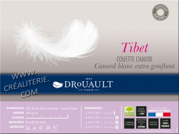 Couette DROUAULT TIBET 450 g/m² en duvet de canard blanc extra gonflant, anti-acariens Proneem® Fabrication Française
