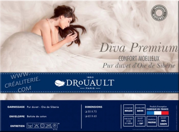 Oreiller Drouault Diva Premium Light Naturel en duvet d'Oie blanc des neiges de Sibérie haut-luxe Fabrication Française