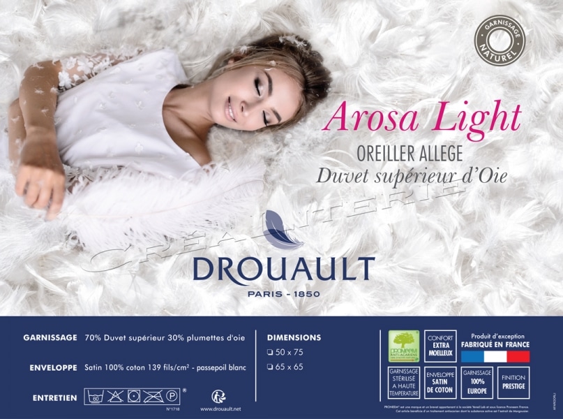 Oreiller 90% duvet d'oie, traité anti-acariens Couleur blanc Drouault