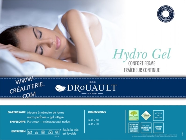 Oreiller Drouault Hydro gel rafraichissant à mémoire de forme Fabrication Française.