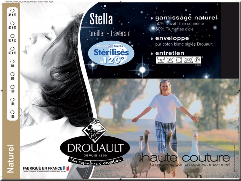 Oreiller Drouault Stella naturel Duvet Oie Supérieure extra gonflant  haute-couture (Livraison Offerte) Fabrication Française - Crealiterie