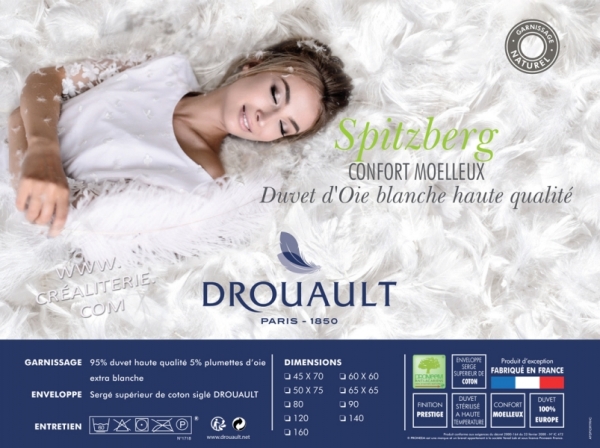 Traversin Spitzberg naturel de Drouault duvet d oie extra blanc, traité anti-acariens Proneem® Fabrication Française