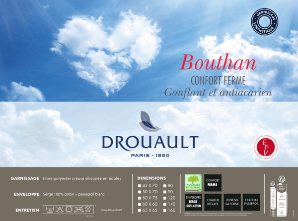Oreiller Drouault Bouthan fibre polyester creuse siliconée en boules Filurelle® anti-acariens Proneem® Fabrication Française