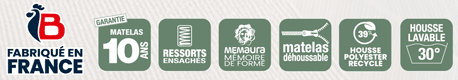 matelas biotex bio extase ressorts ensachés + mousse à mémoire de forme mémaura, fabriqué en france