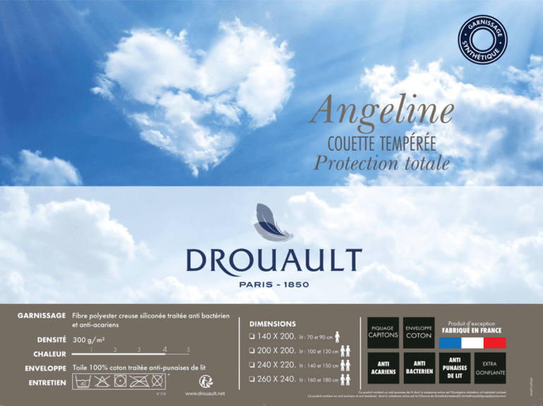 couette drouault angeline protect total 300 g/m², fibre creuse siliconée traitée anti acariens fabriquée en france