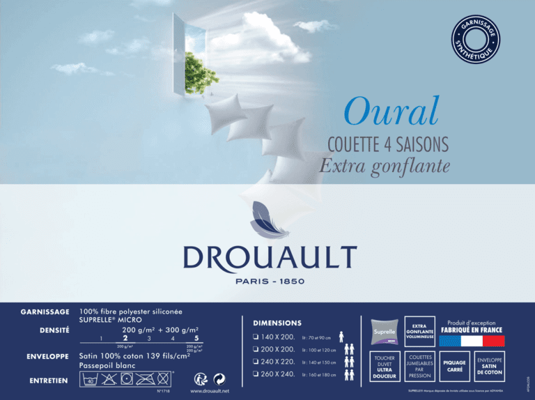 couette drouault oural 4 saisons 100% fibre polyester microfibre ultra fine douceur extrême suprelle® micro extra gonflante fabriquée en france