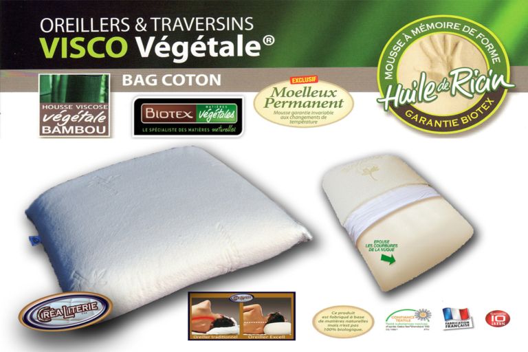 pack deux oreillers viscorelax 60x40 biotex memo sensitive végétale mémoire de forme à base d huile de ricin