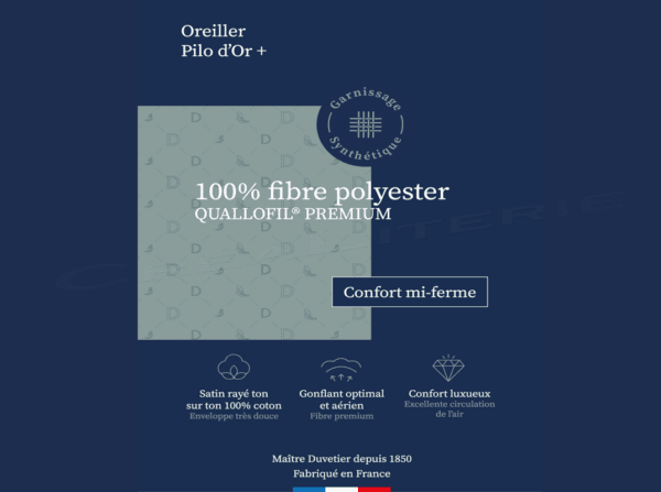 oreiller drouault pilo d'or plus premium fibre creuse siliconée quallofil®, premium gonflant aerien fabriqué en france
