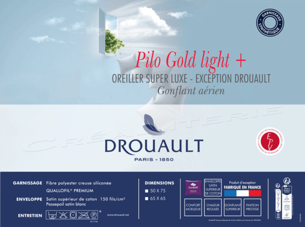 oreiller drouault pilo gold light fibre creuses siliconée quallofil® premium, gonflant aerien fabriqué en france