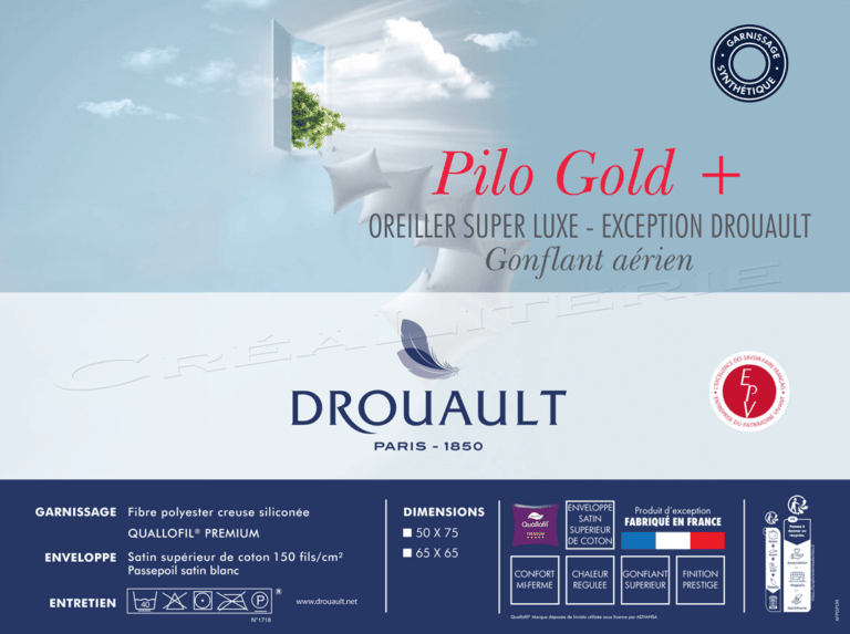 oreiller drouault pilo gold super luxe fibre creuses siliconée quallofil® premium, gonflant aerien fabriqué en france