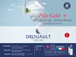 oreiller drouault pilo gold super luxe fibre creuses siliconée quallofil® premium, gonflant aerien fabriqué en france