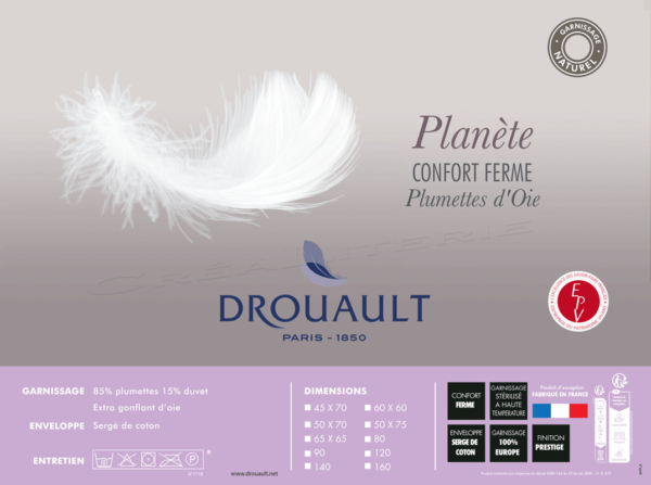 oreiller drouault planète naturel en duvet oie extra gonflant ligne haut luxe fabrication française