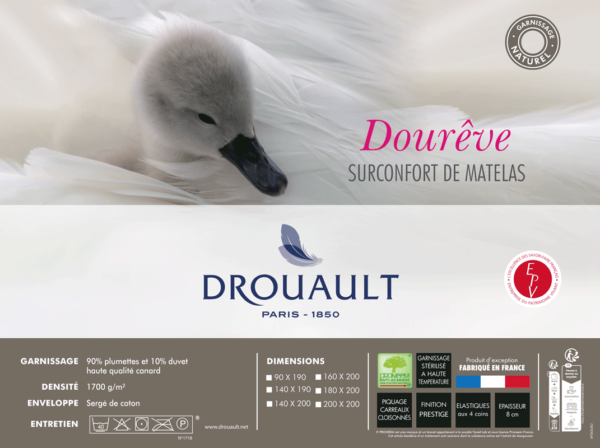 surmatelas drouault dourêve 1700 gr/m² duvet oie et canard haute qualité fabrication française