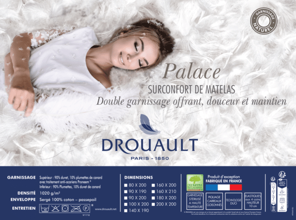 surmatelas drouault palace naturel 1020 g/m² en duvet de canard supérieur fabriqué en france