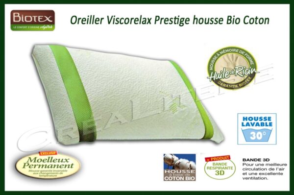 Oreiller Biotex Viscorelax Prestige mémoire de forme huile de ricin Housse Bio Coton Fabrication Française – Image 2