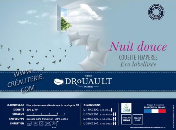 Couette Drouault Nuit douce 300 g/m² fibre creuse siliconée, haut de gamme, certifiée ECO LABEL, Fabrication Française