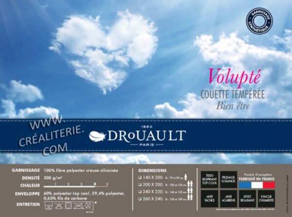 Couette Drouault Volupté 300 g/m² tempérée fibre polyester creuse siliconée Fabrication Française