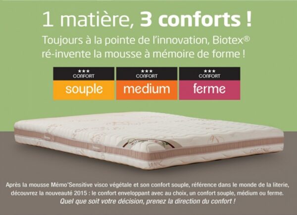 BIOTEX Matelas Privilège visco 160x200 végétale Huile de ricin à mémoire de forme 55 kg/m3 (coutil Organic Coton) – Image 3
