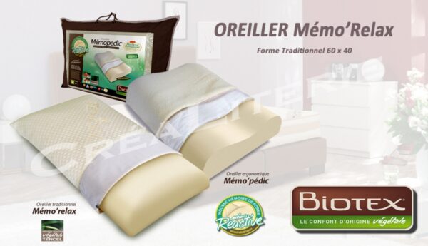 Oreiller biotex Mémorelax à mémoire de forme végétale à base d'huile de Ricin housse Tencel Fabrication Française.