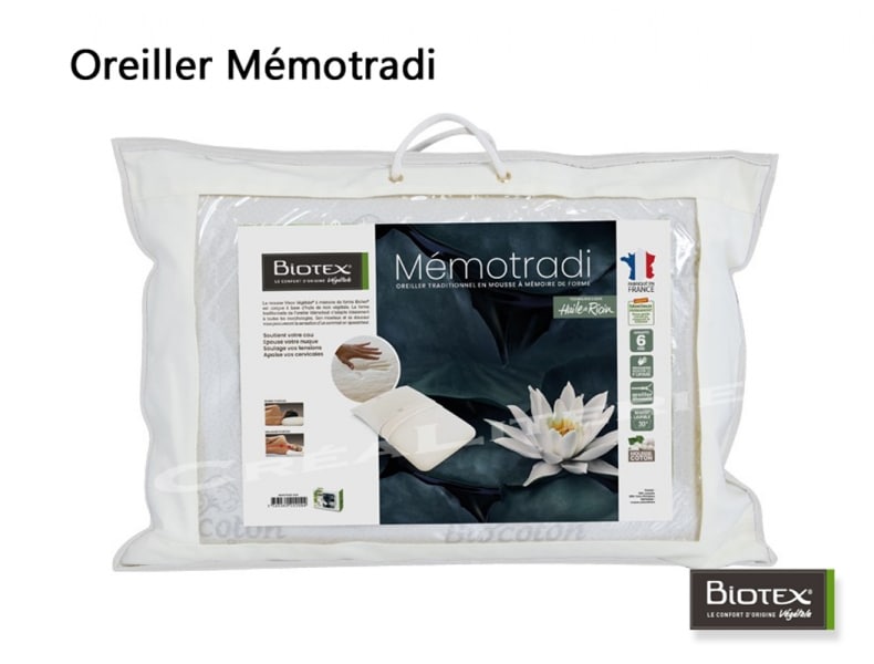Oreiller Biotex Mémotradi végétale à mémoire de forme à base d huile de  Ricin housse coton Fabriqué en France - Crealiterie