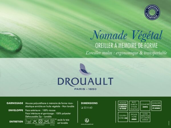 Oreiller Drouault Nomade Végétal mousse à mémoire de forme enrichie en huile végétale housse bambou Fabrication Française – Image 5