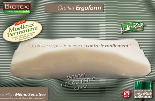 Oreiller Biotex Ergoform Anti-Ronflement à mémoire de forme végétale à base d huile de Ricin housse bambou – Image 2