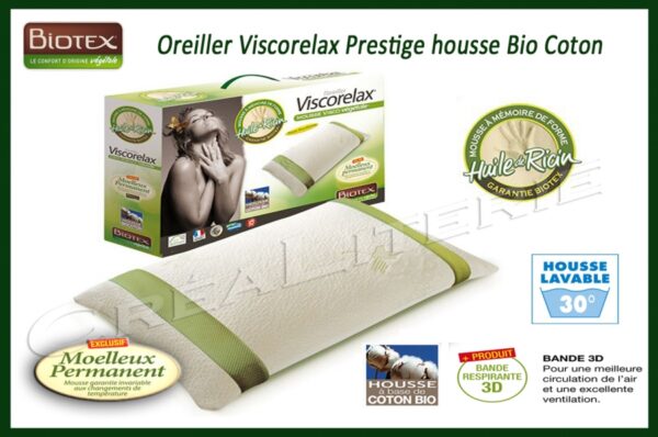 Oreiller Biotex Viscorelax Prestige mémoire de forme huile de ricin Housse Bio Coton Fabrication Française – Image 3