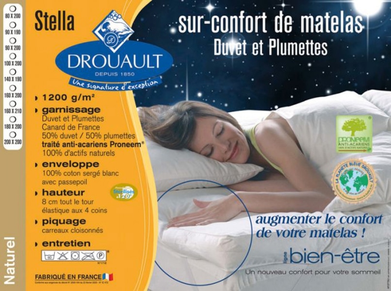 Surmatelas Stella naturel 140x190 Drouault 1200 g/m² en duvet oie et canard  haute qualité Fabrication Française. - Crealiterie