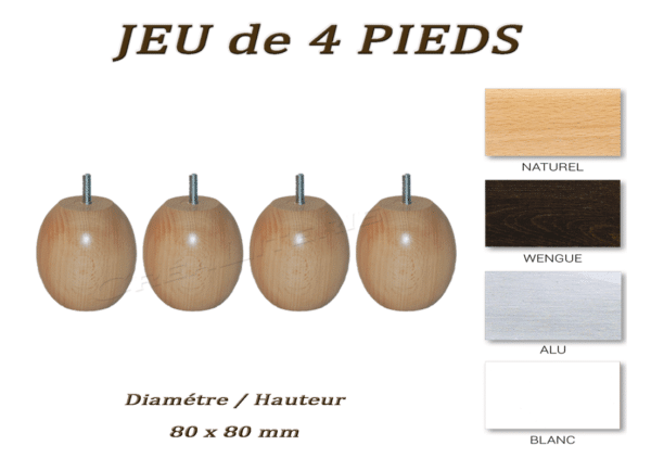 pieds boule bois hêtre massif hauteur 8 cm