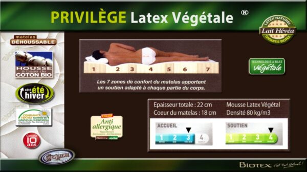 Matelas BIOTEX Privilège Latex Végétale Naturel multizones Densité 80 kg/m3 HOUSSE BIO COTON – Image 3