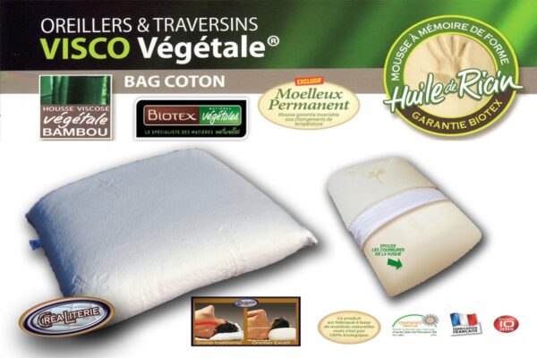 Pack deux Oreillers VISCORELAX 60x40 Biotex memo sensitive végétale  mémoire de forme à base d huile de Ricin