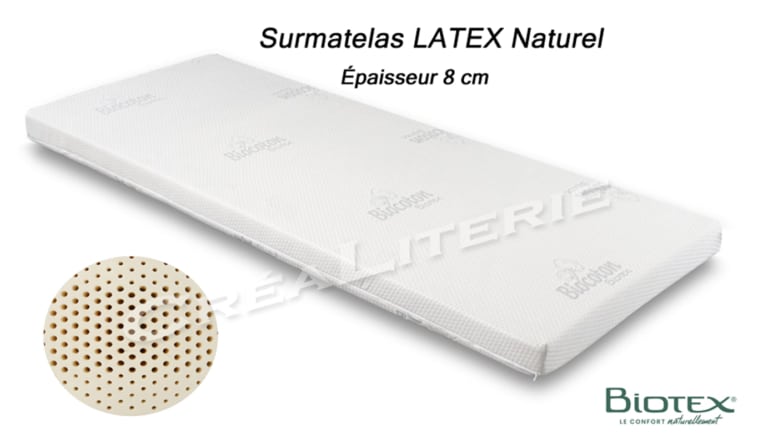 surmatelas latex naturel biotex à base de lait d'hévéa naturel densité 80 kg/m3 housse bio coton fabrication française