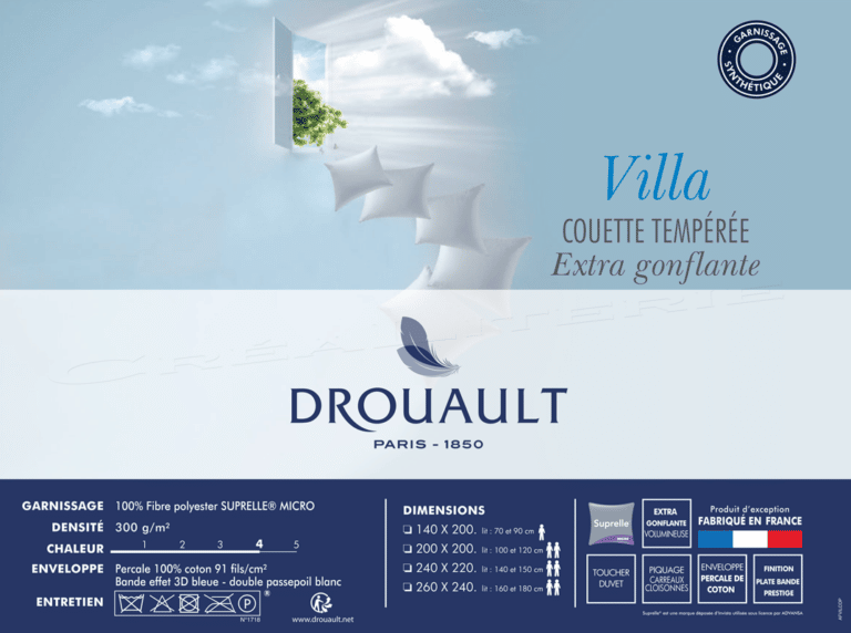 couette drouault villa plate bande 300 g/m² 100% fibre polyester suprelle® micro extra gonflante fabriquée en france