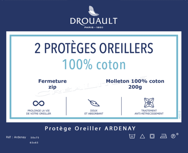Protège oreiller Drouault Ardenay molleton de coton 200 g/m² traité Sanfort Fabriqué en France – Image 2