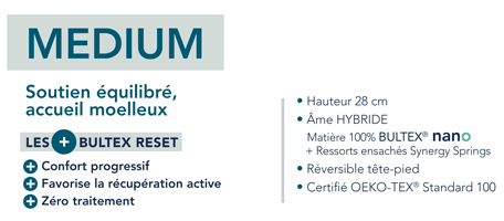 matelas bultex reset médium 28 cm, bultex nano, accueil moelleux fabriqué en france