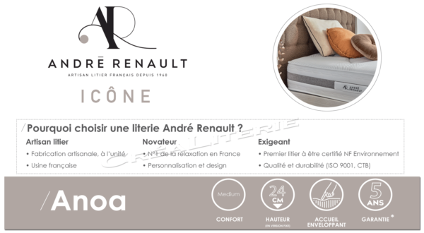 matelas andré renault anoa 24 cm, mémoire de forme 46kg/m³, fabriqué en france