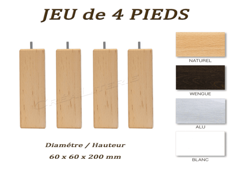 pieds carré bois ht 20 cm, carré de 60 mm